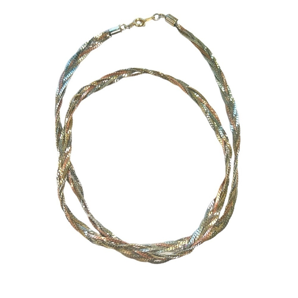Vintage 80s TriColor Gold Silver Copper Braided Necklace 1980s Layering